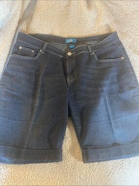 DKIN Denim Cuffed Bermuda Shorts in Dark Wash. 36” Waist